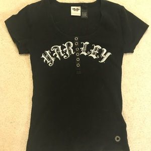 Ladies H-D Ribbed Distressed Bling Tee